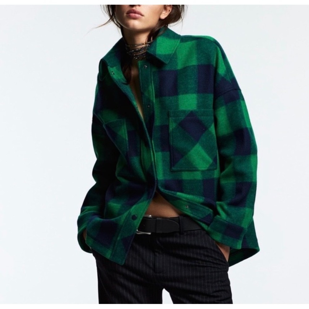 Zara‎ Jacket Oversized Plaid Shacket Buffalo Check Green Blue Small
